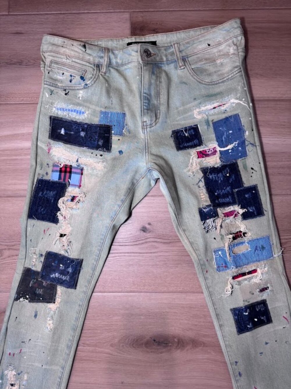 Mens 36 Reworked Patchwork Skinny Jeans Paint Splatter Distressed Grunge Punk